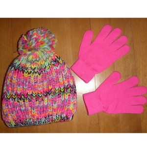 Girls Mystic Apparel HOT PINK Pom Pom Woven Hat & Gloves Set OSFM  NWT